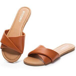 Women's Brown Fashionable Soft Insole Leather Slides Slippers Flat Sandals Shoes